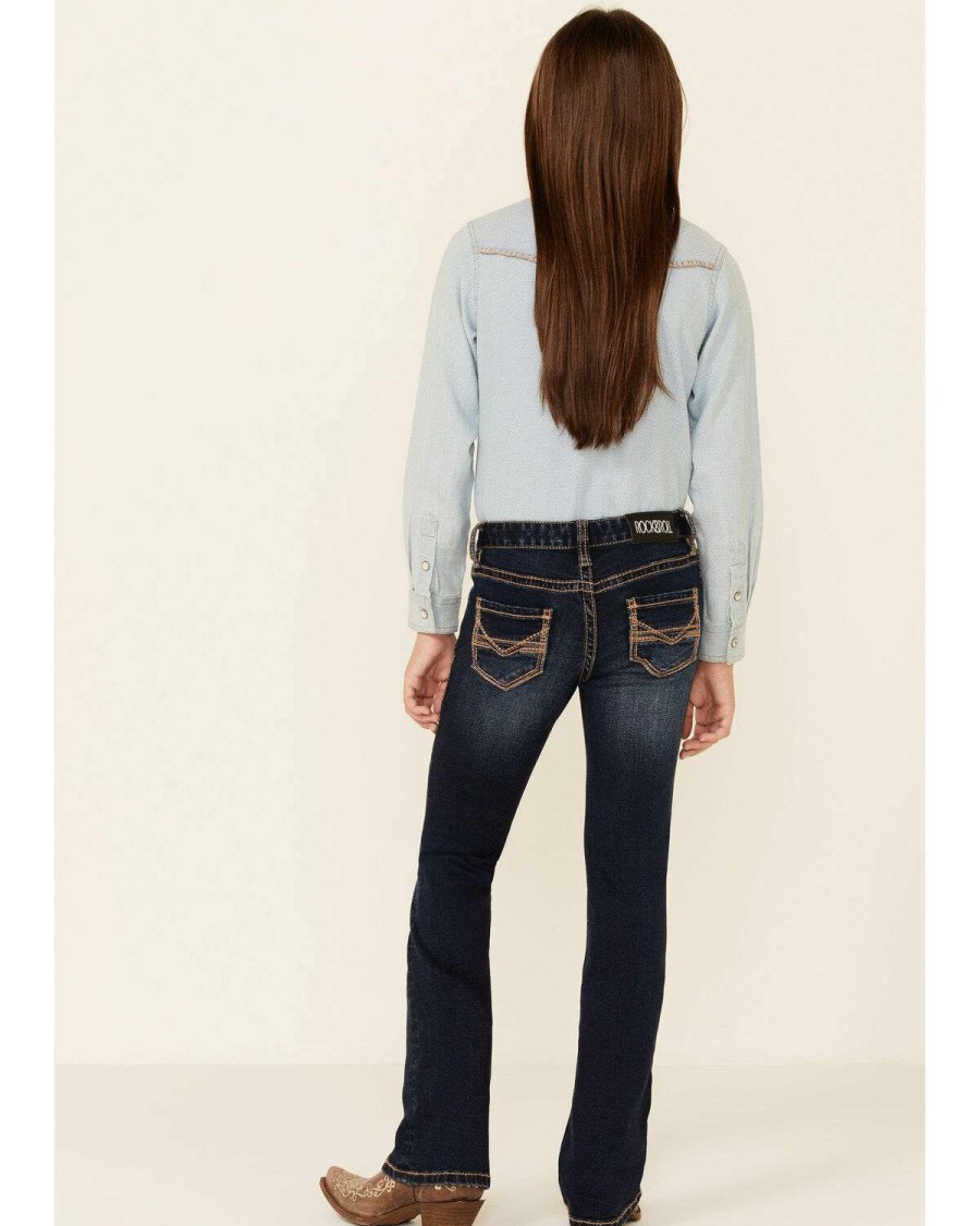 Jeans Rock & Roll Denim | Rock & Roll Denim Girls' Dark Wash V-Pocket Extra Stretch Bootcut Jeans Online