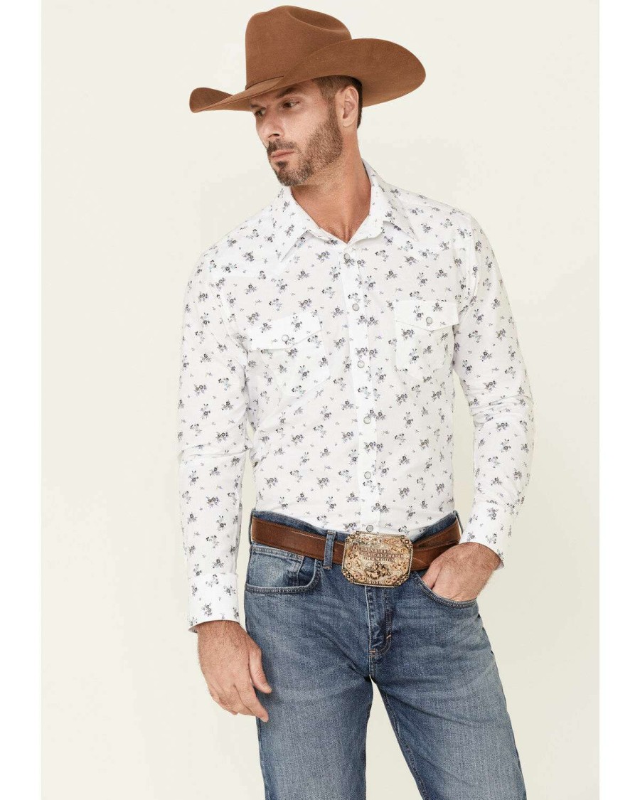 Shirts Rock & Roll Denim | Rock & Roll Denim Men'S Vintage 46 White Floral Print Long Sleeve Snap Western Shirt Outlet