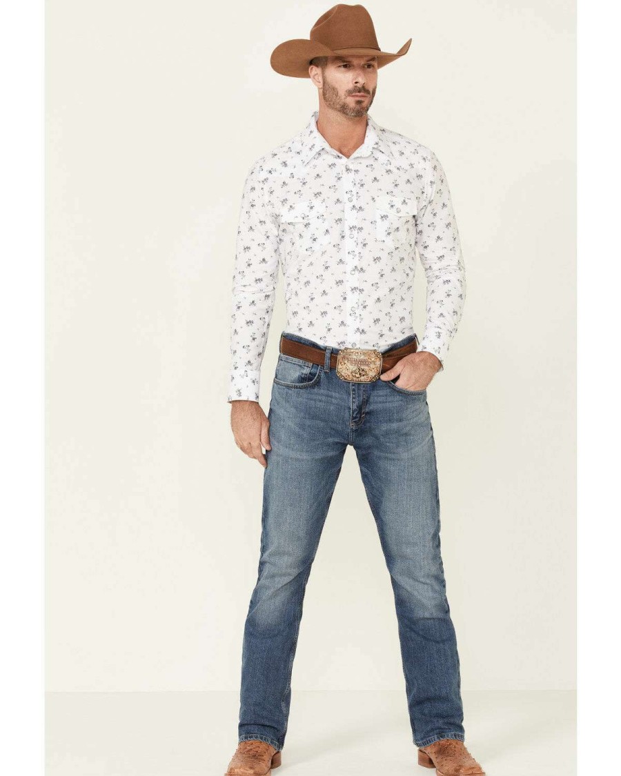 Shirts Rock & Roll Denim | Rock & Roll Denim Men'S Vintage 46 White Floral Print Long Sleeve Snap Western Shirt Outlet