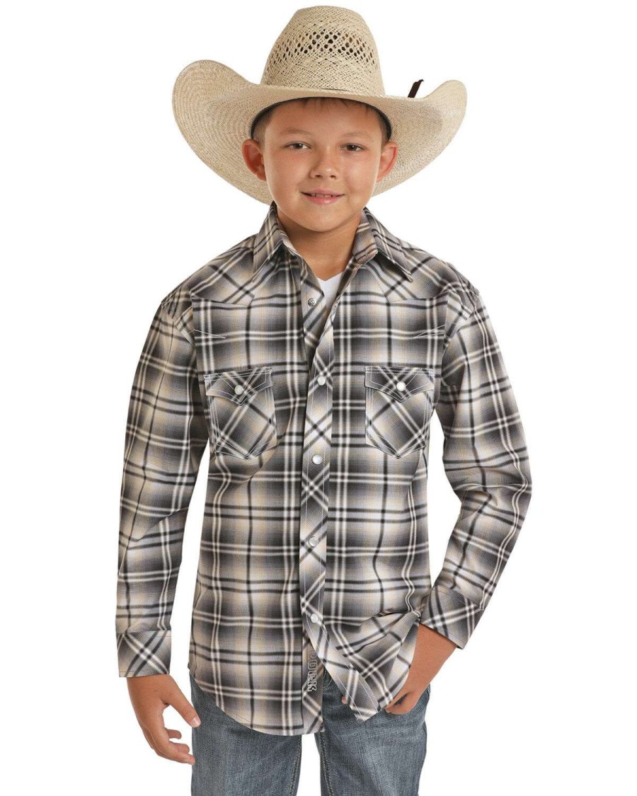 Shirts Rock & Roll Denim | Rock & Roll Denim Boys' Grey Plaid Long Sleeve Western Shirt Outlet