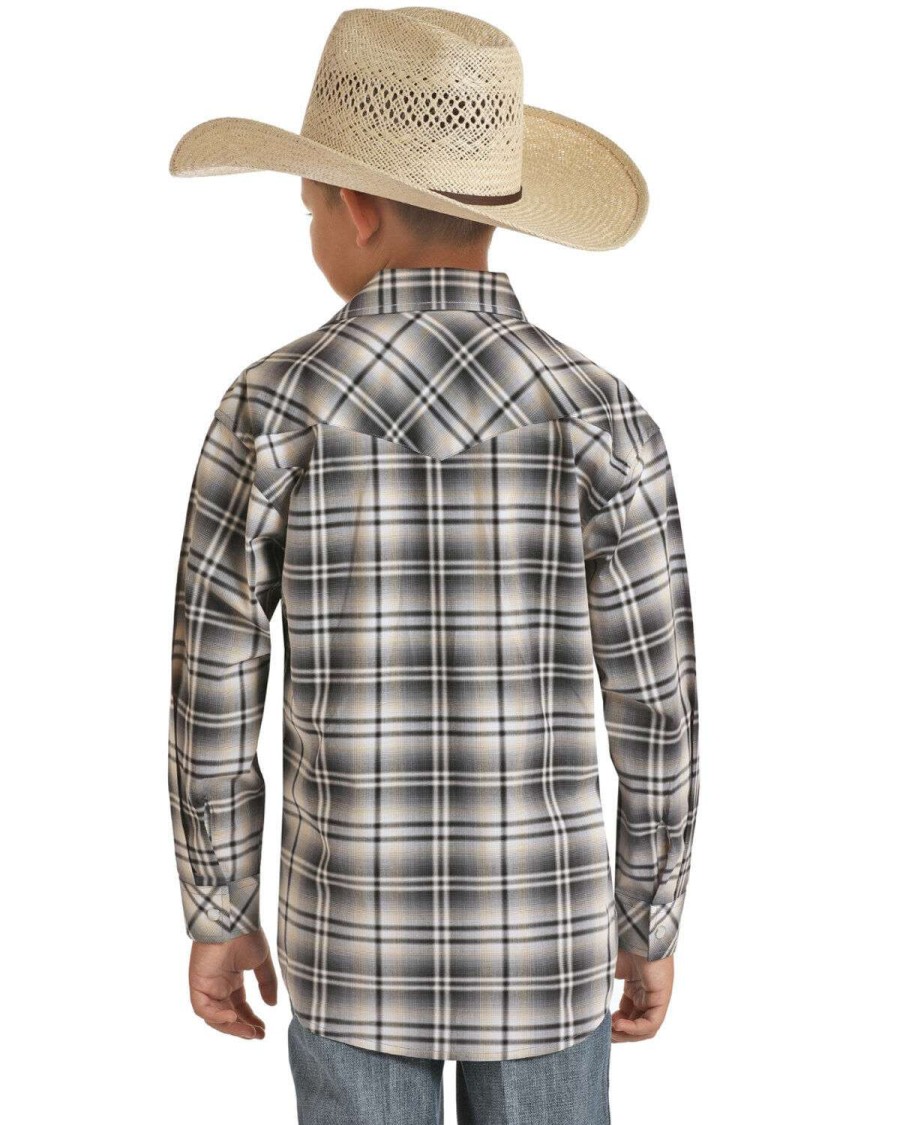 Shirts Rock & Roll Denim | Rock & Roll Denim Boys' Grey Plaid Long Sleeve Western Shirt Outlet