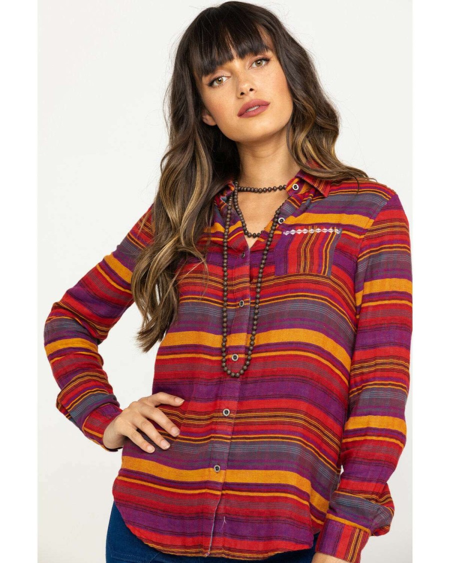 Shirts Rock & Roll Denim | Rock & Roll Denim Women'S Rust Serape Stripe Southwestern Embroidered Long Sleeve Western Shirt Outlet