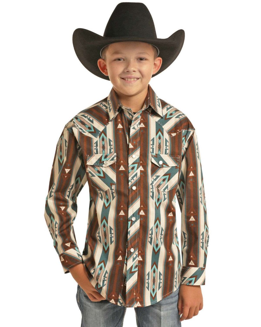 Shirts Rock & Roll Denim | Rock & Roll Denim Boys' Tan Striped Southwestern Print Long Sleeve Western Shirt Limited Edition