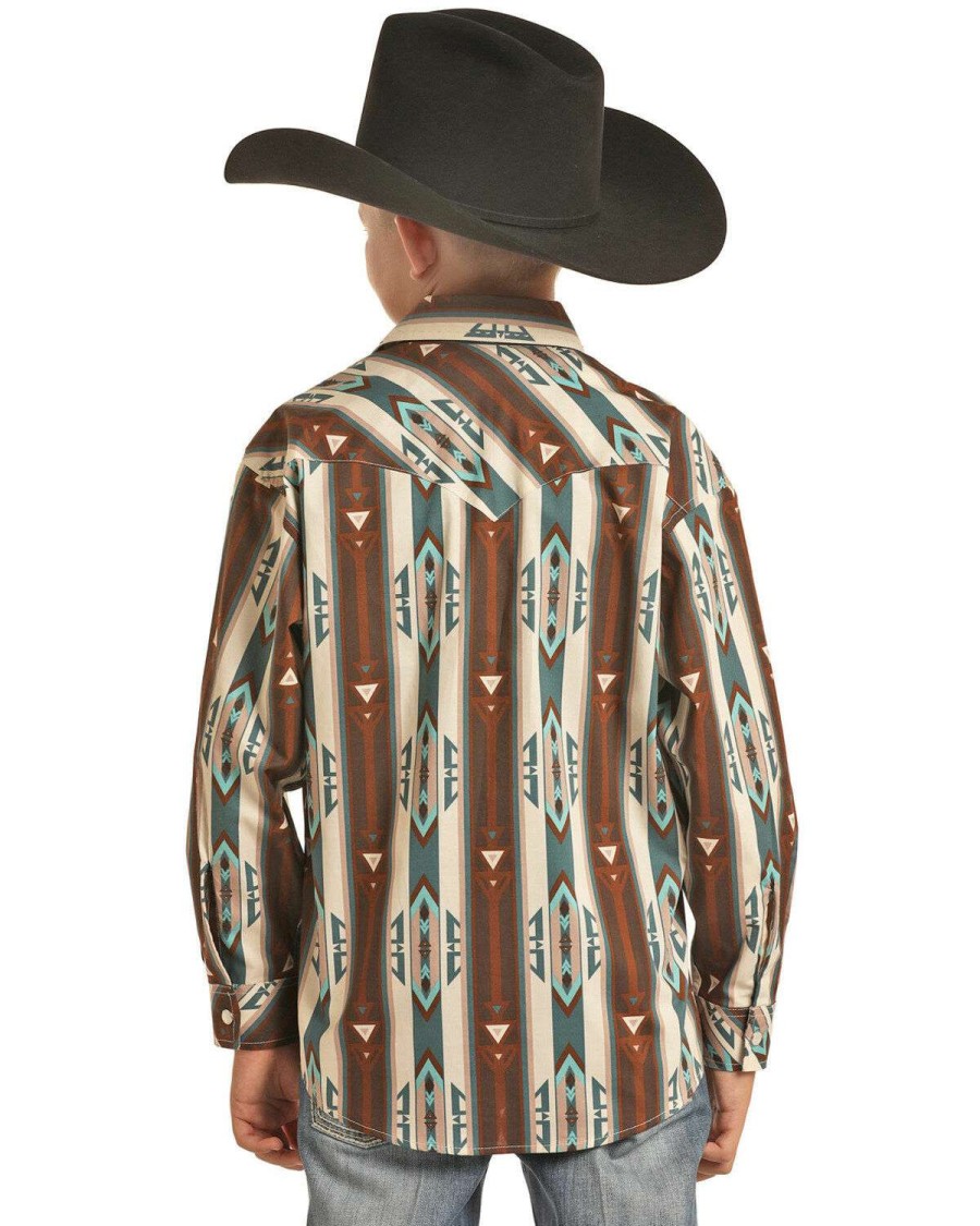 Shirts Rock & Roll Denim | Rock & Roll Denim Boys' Tan Striped Southwestern Print Long Sleeve Western Shirt Limited Edition