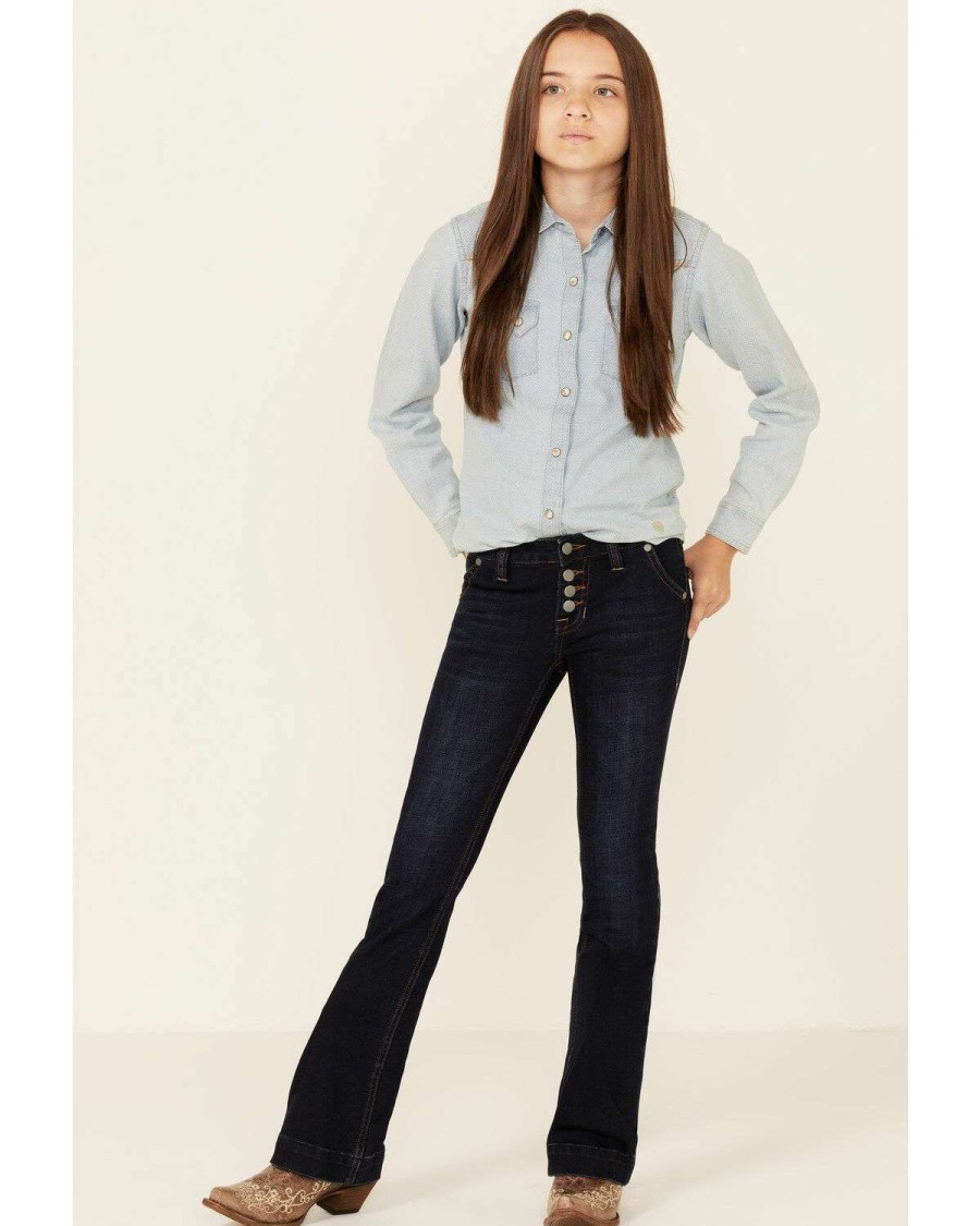 Jeans Rock & Roll Denim | Rock & Roll Denim Girls' Dark Wash Stretch Button Trouser Jeans Discount