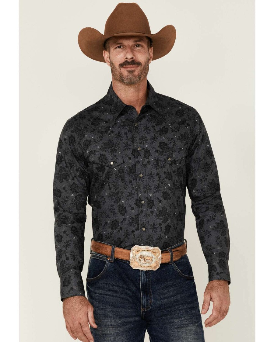 Shirts Rock & Roll Denim | Rock & Roll Denim Men'S Charcoal Distressed Floral Print Long Sleeve Snap Western Shirt Limited Edition