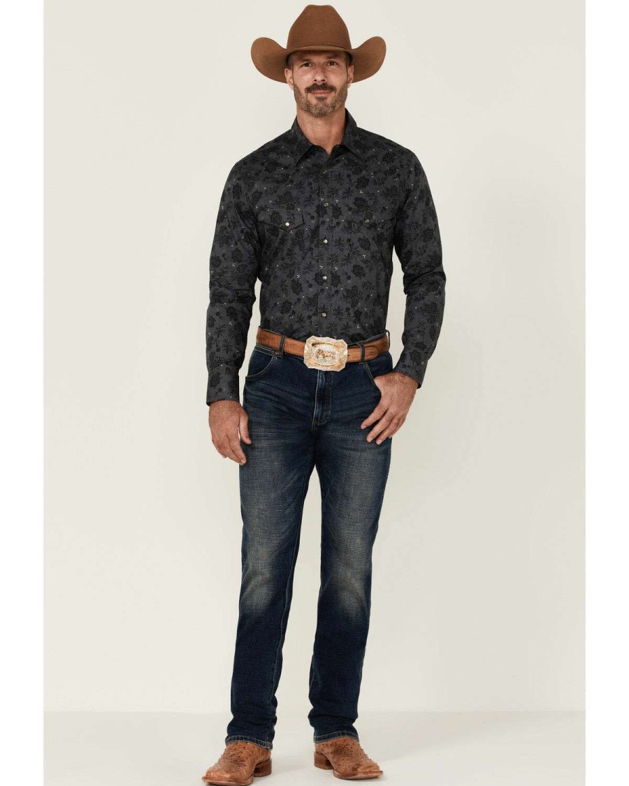 Shirts Rock & Roll Denim | Rock & Roll Denim Men'S Charcoal Distressed Floral Print Long Sleeve Snap Western Shirt Limited Edition