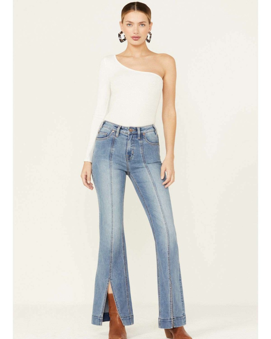 Jeans Rock & Roll Denim | Rock & Roll Denim Women'S High Rise Slit Denim Trouser Jeans Sale