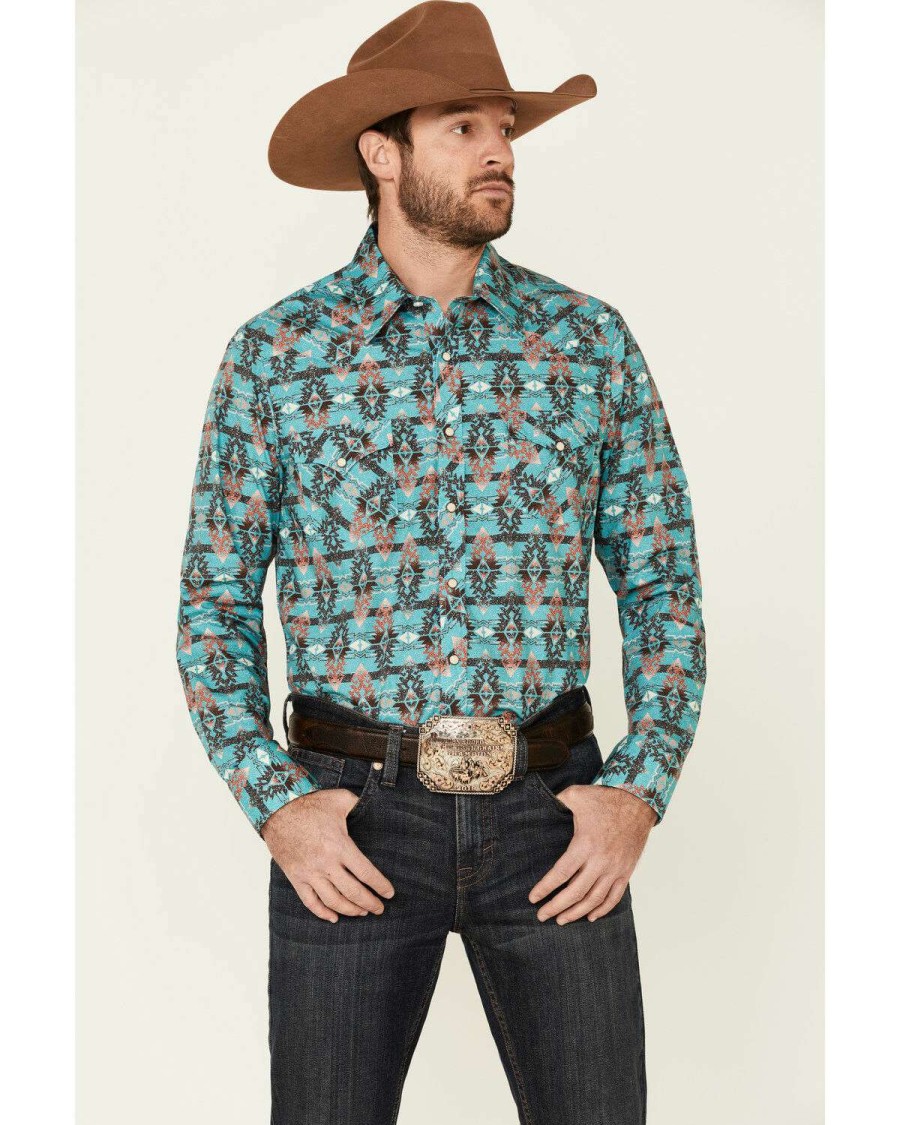 Shirts Rock & Roll Denim | Rock & Roll Denim Men'S Teal Southwestern Print Long Sleeve Western Shirt Limited Edition