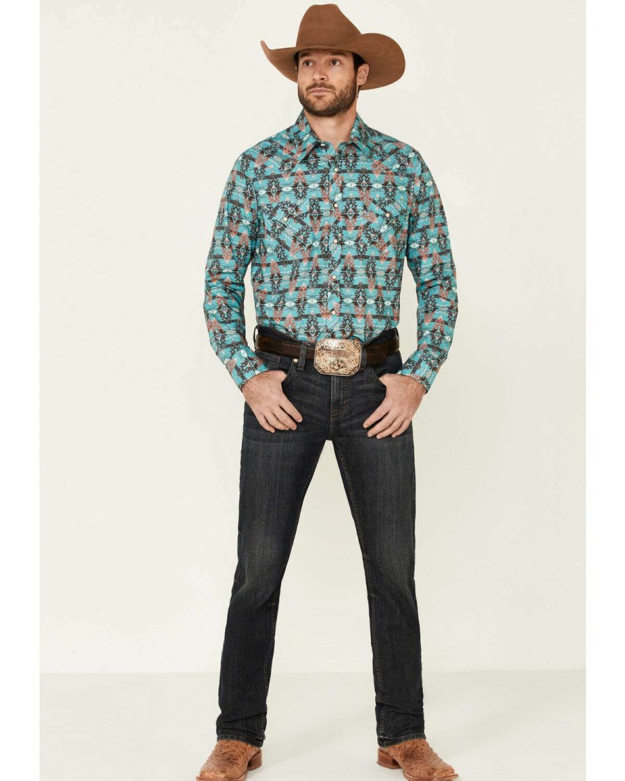 Shirts Rock & Roll Denim | Rock & Roll Denim Men'S Teal Southwestern Print Long Sleeve Western Shirt Limited Edition