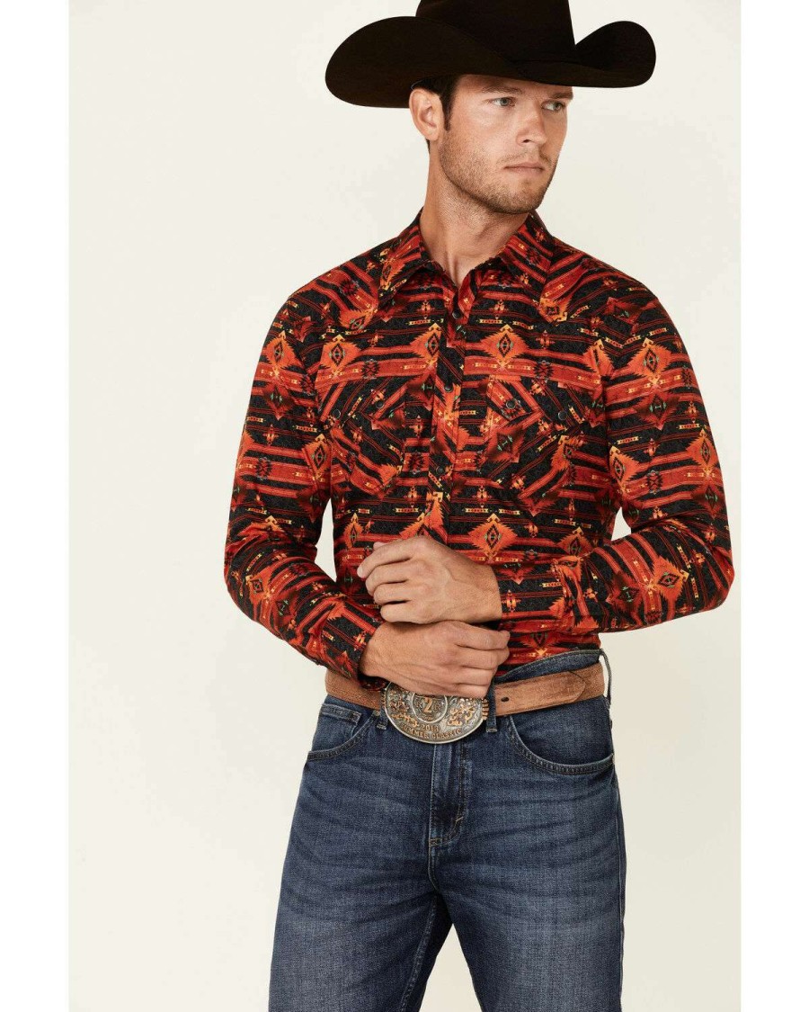 Shirts Rock & Roll Denim | Rock & Roll Denim Men'S Red & Black Southwestern Print Long Sleeve Snap Western Shirt Online