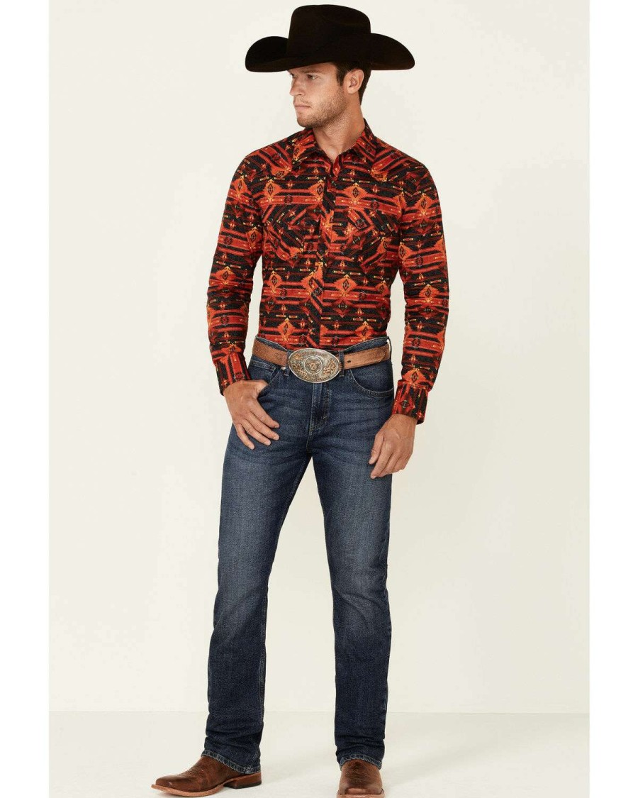 Shirts Rock & Roll Denim | Rock & Roll Denim Men'S Red & Black Southwestern Print Long Sleeve Snap Western Shirt Online