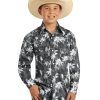 Shirts Rock & Roll Denim | Rock & Roll Denim Boys' Grey Palm Floral Print Long Sleeve Snap Western Shirt Outlet