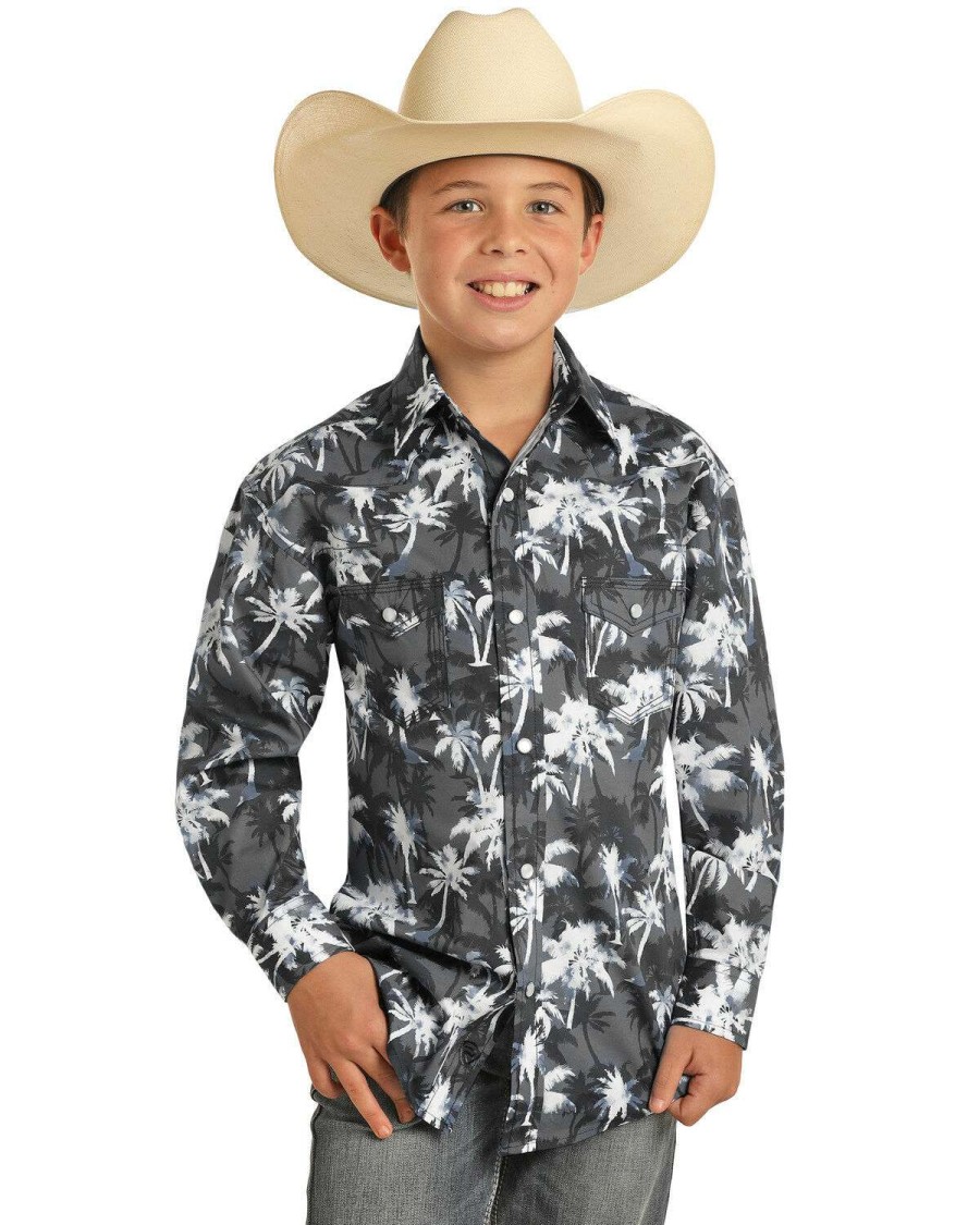 Shirts Rock & Roll Denim | Rock & Roll Denim Boys' Grey Palm Floral Print Long Sleeve Snap Western Shirt Outlet