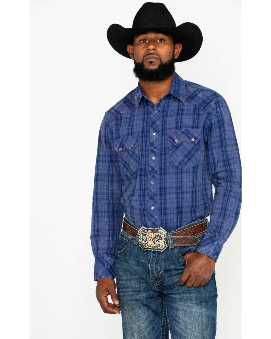 Shirts Rock & Roll Denim | Rock & Roll Denim Men'S Indigo Plaid Long Sleeve Western Shirt Online