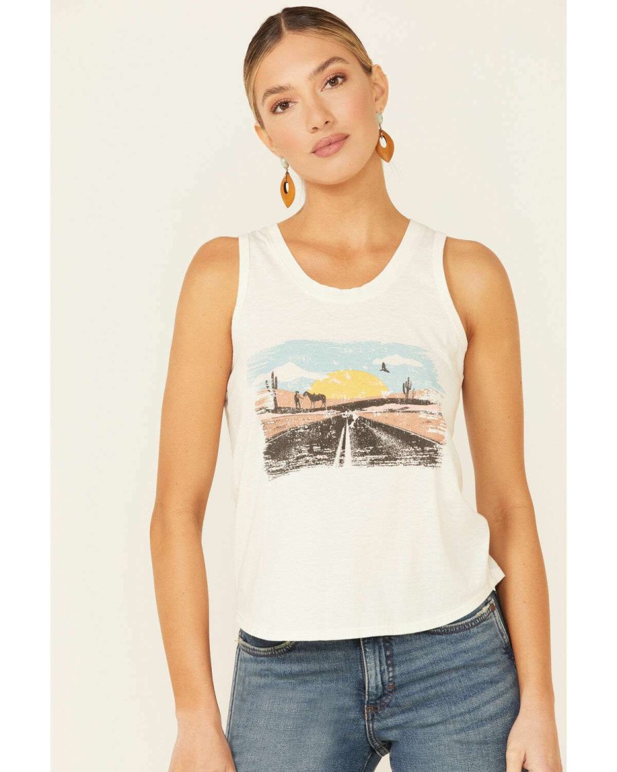 Tops Rock & Roll Denim | Rock & Roll Denim Women'S Ivory Desert Road Sunset Graphic Tank Top Discount