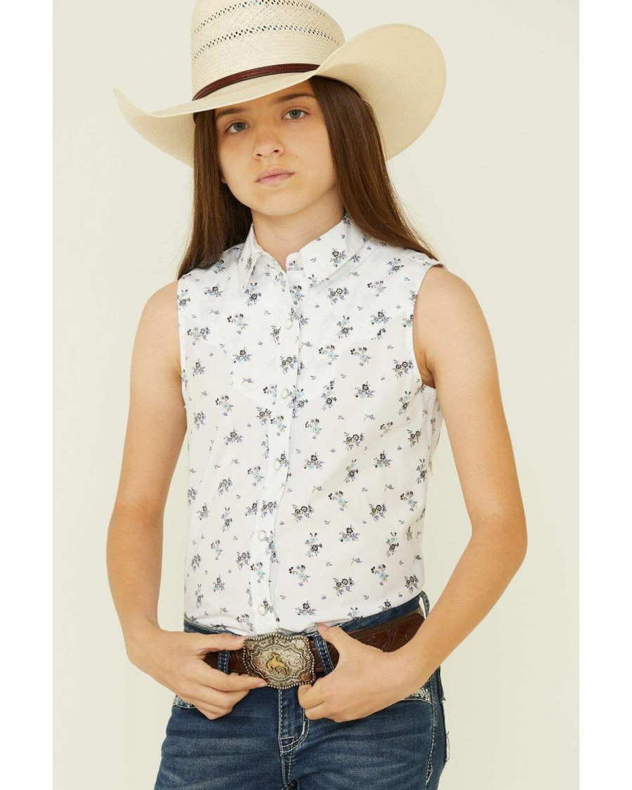 Shirts Rock & Roll Denim | Rock & Roll Denim Girl'S White Floral Print Sleeveless Snap Western Shirt Discount