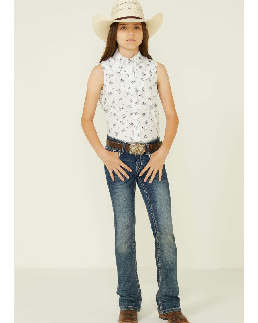 Shirts Rock & Roll Denim | Rock & Roll Denim Girl'S White Floral Print Sleeveless Snap Western Shirt Discount