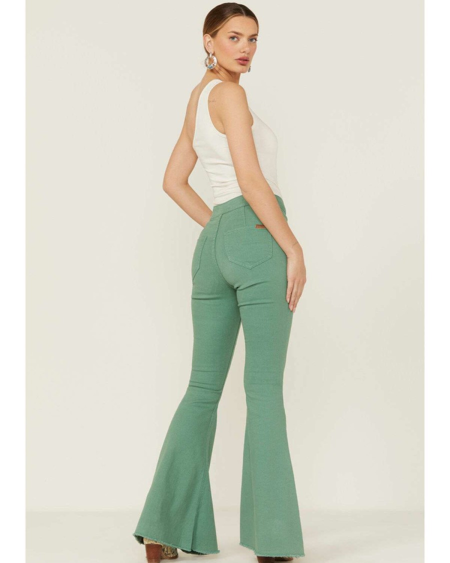 Jeans Rock & Roll Denim | Rock & Roll Denim Women'S Jade Green Bargain Bell Flare Jeans Limited Edition