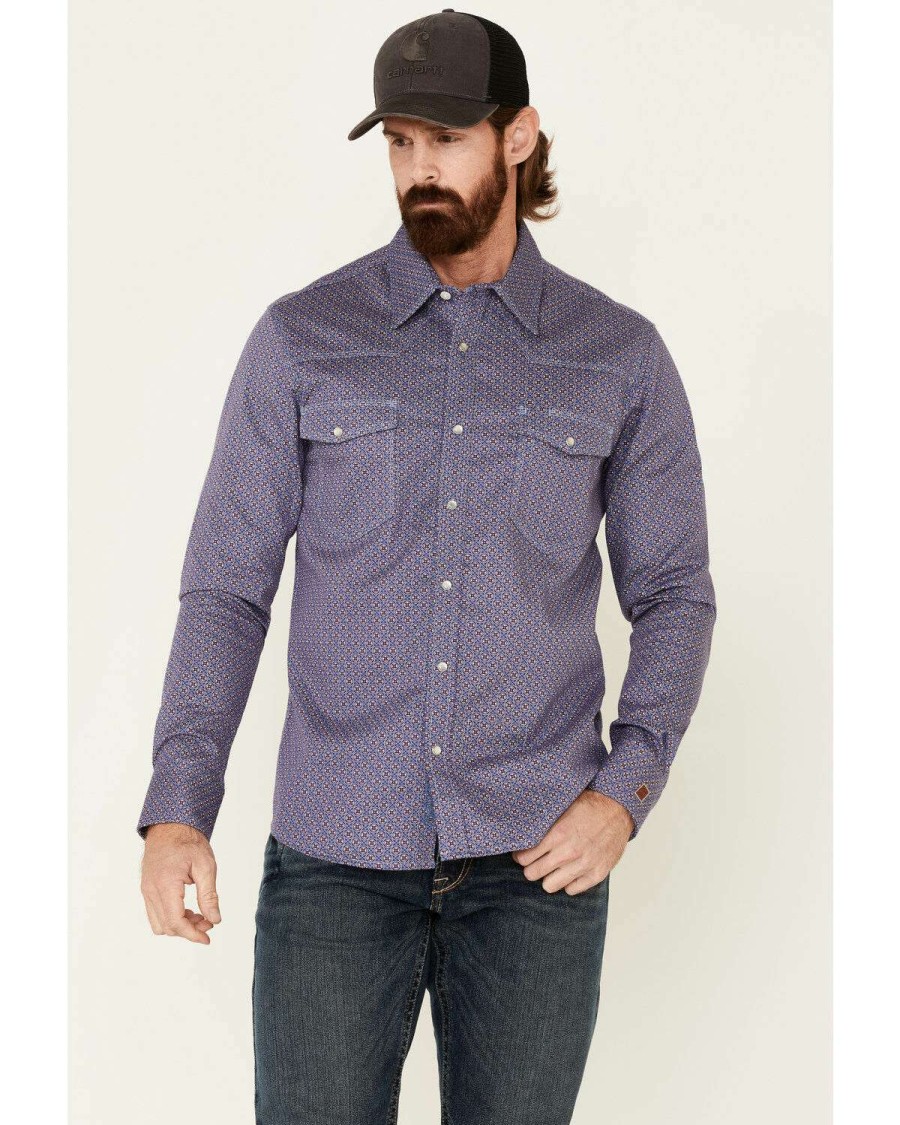 Shirts Rock & Roll Denim | Rock & Roll Denim Men'S Fr Blue Geo Print Long Sleeve Work Shirt Sale