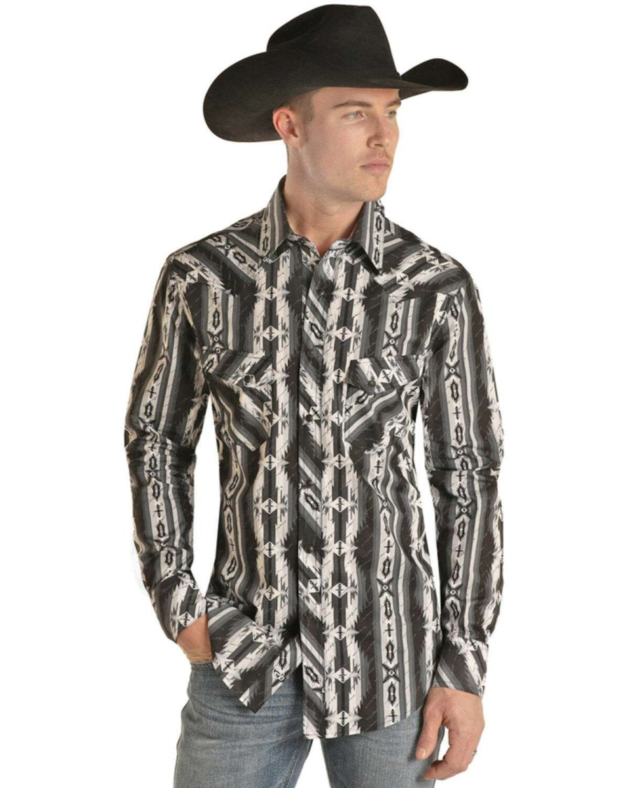 Shirts Rock & Roll Denim | Rock & Roll Denim Men'S Black All-Over Southwestern Print Long Sleeve Snap Western Shirt Outlet