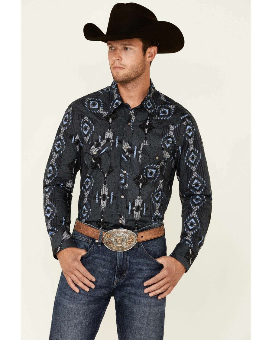 Shirts Rock & Roll Denim | Rock & Roll Denim Men'S Navy Southwestern Print Long Sleeve Snap Western Shirt Online