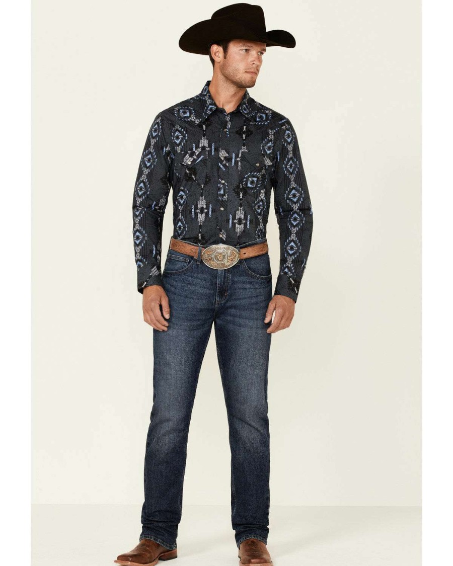 Shirts Rock & Roll Denim | Rock & Roll Denim Men'S Navy Southwestern Print Long Sleeve Snap Western Shirt Online