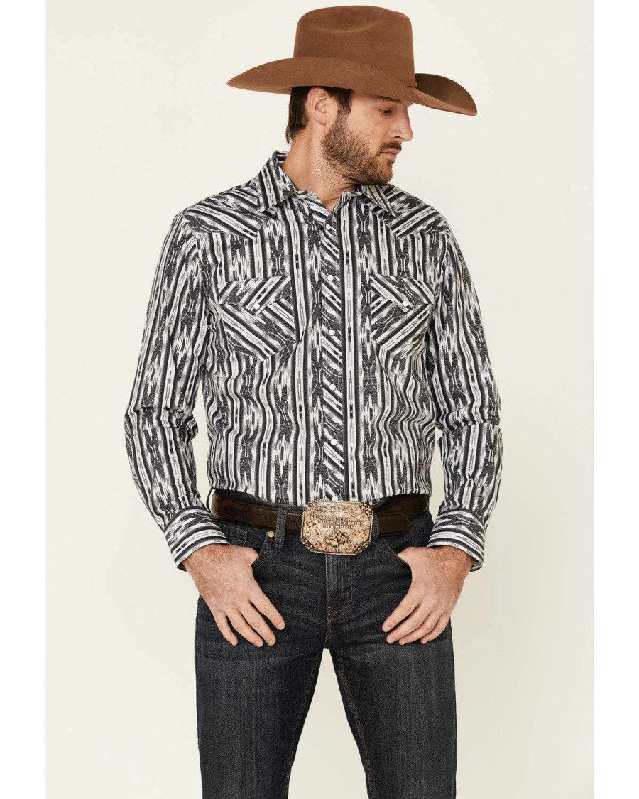 Shirts Rock & Roll Denim | Rock & Roll Denim Men'S Black Southwestern Striped Long Sleeve Snap Western Shirt Outlet