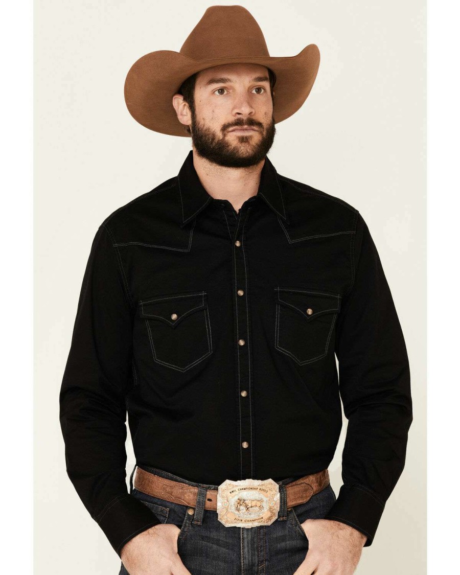 Shirts Rock & Roll Denim | Rock & Roll Cowboy Men'S Black Dyed Twill Western Shirt Rock & Roll Denim Sale