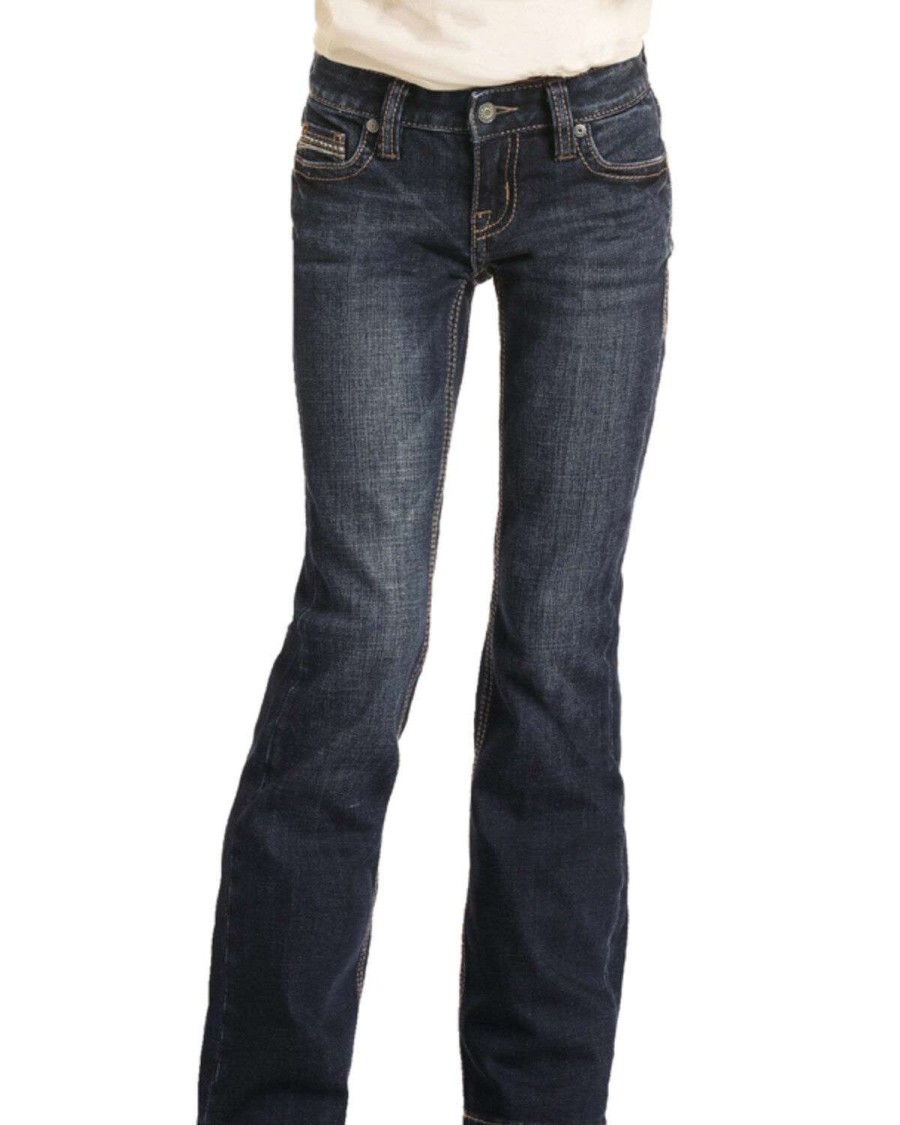 Jeans Rock & Roll Denim | Rock & Roll Denim Girls' Dark Wash Stitched Bootcut Jeans Limited Edition