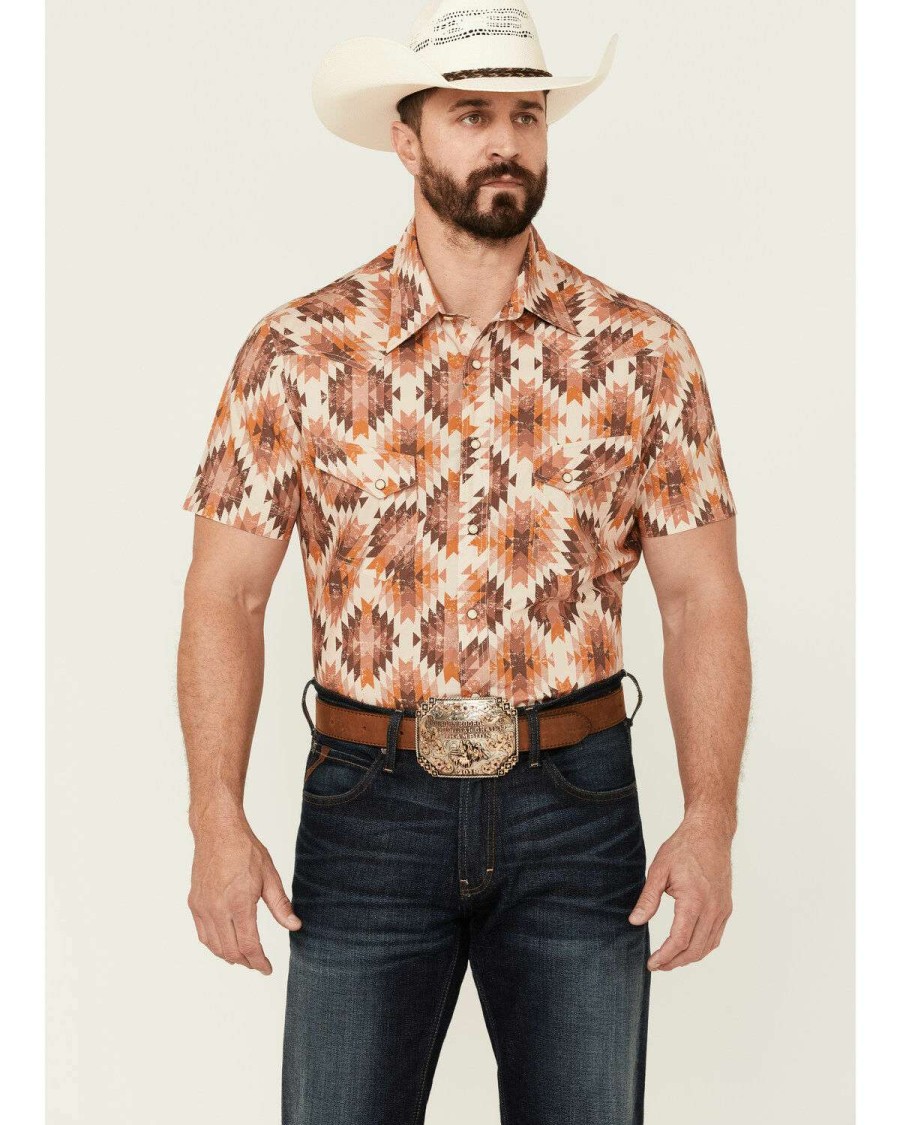 Shirts Rock & Roll Denim | Rock & Roll Denim Men'S Orange Southwestern Print Short Sleeve Snap Western Shirt Limited Edition