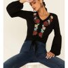 Tops Rock & Roll Denim | Rock & Roll Denim Women'S Black Floral Embroidered Tie Front Long Sleeve Peasant Top Online