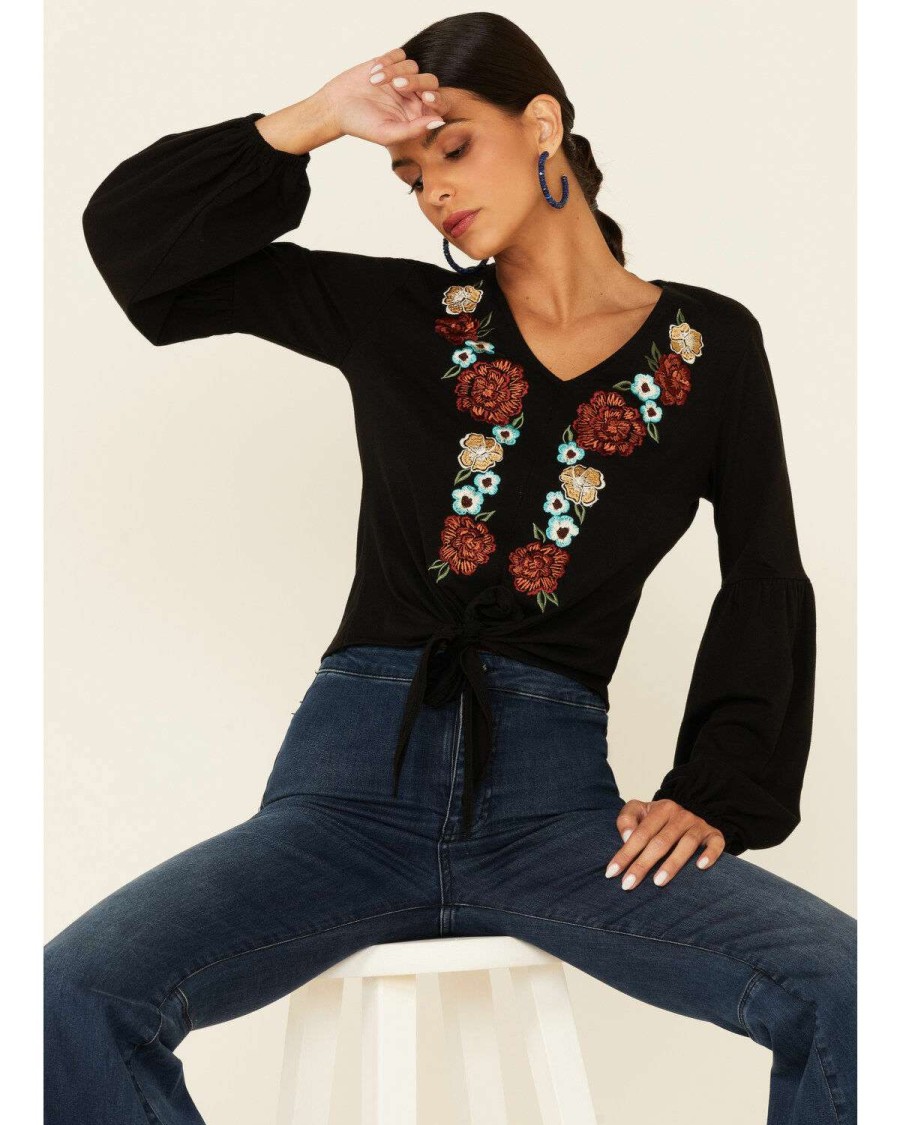 Tops Rock & Roll Denim | Rock & Roll Denim Women'S Black Floral Embroidered Tie Front Long Sleeve Peasant Top Online