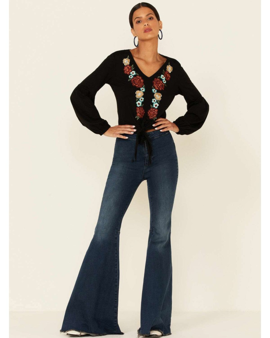 Tops Rock & Roll Denim | Rock & Roll Denim Women'S Black Floral Embroidered Tie Front Long Sleeve Peasant Top Online