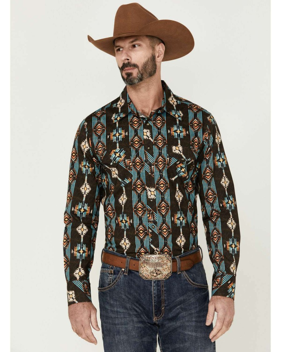 Shirts Rock & Roll Denim | Rock & Roll Denim Men'S Brown Vertical Southwestern Print Long Sleeve Snap Western Shirt Sale