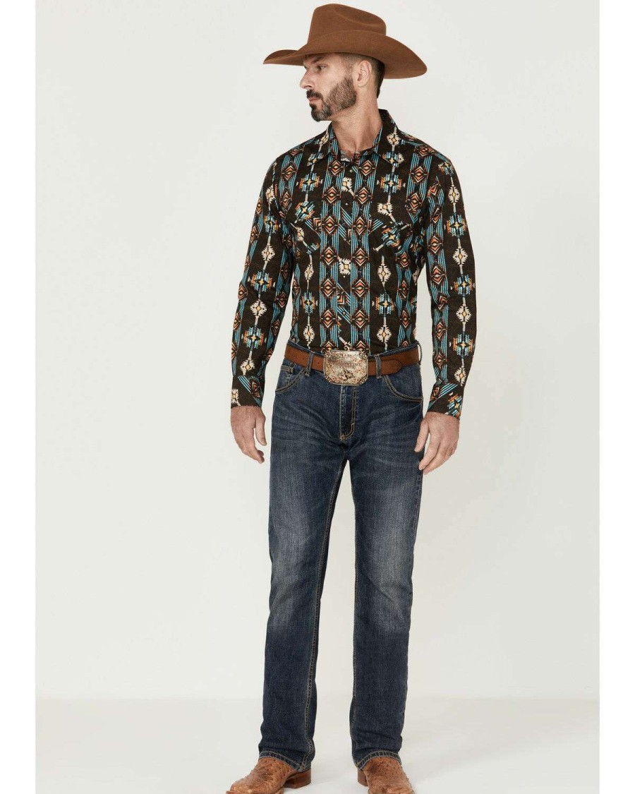 Shirts Rock & Roll Denim | Rock & Roll Denim Men'S Brown Vertical Southwestern Print Long Sleeve Snap Western Shirt Sale