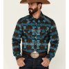 Shirts Rock & Roll Denim | Rock & Roll Denim Men'S Teal Southwestern Print Long Sleeve Snap Western Shirt Discount