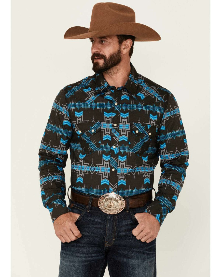 Shirts Rock & Roll Denim | Rock & Roll Denim Men'S Teal Southwestern Print Long Sleeve Snap Western Shirt Discount