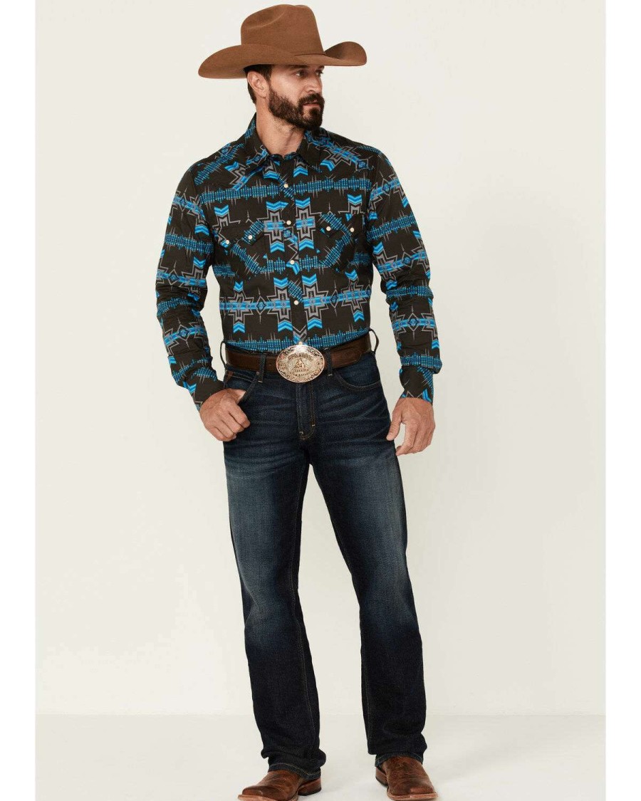 Shirts Rock & Roll Denim | Rock & Roll Denim Men'S Teal Southwestern Print Long Sleeve Snap Western Shirt Discount