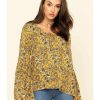 Tops Rock & Roll Denim | Rock & Roll Denim Women'S Yellow Floral Bell Sleeve Top Sale