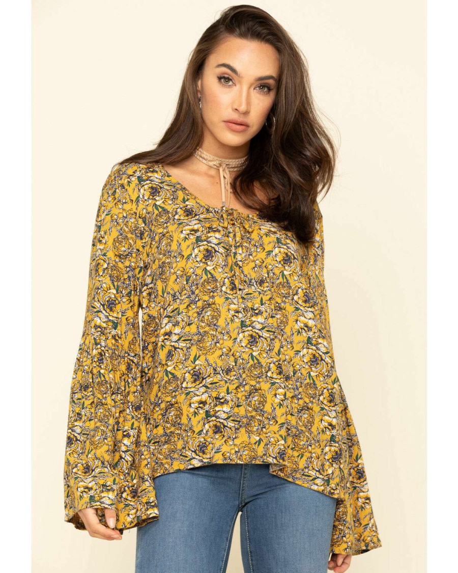 Tops Rock & Roll Denim | Rock & Roll Denim Women'S Yellow Floral Bell Sleeve Top Sale