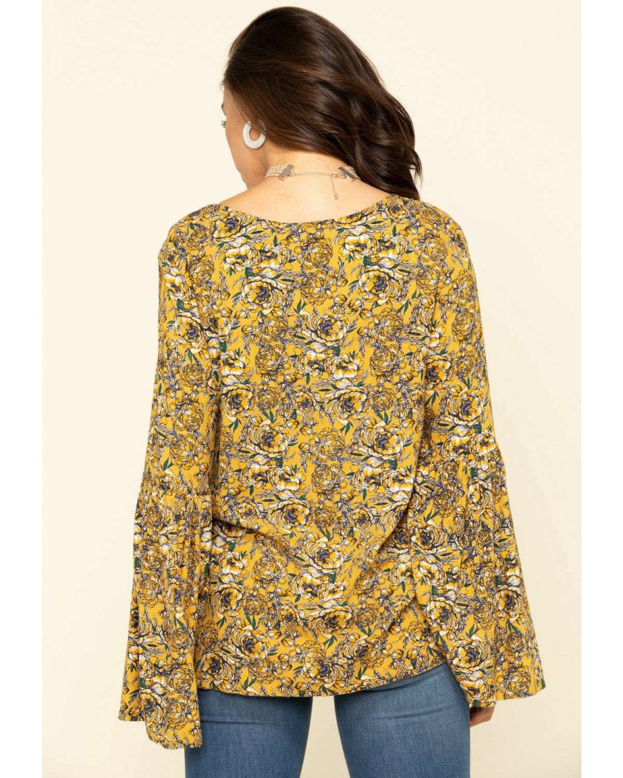 Tops Rock & Roll Denim | Rock & Roll Denim Women'S Yellow Floral Bell Sleeve Top Sale