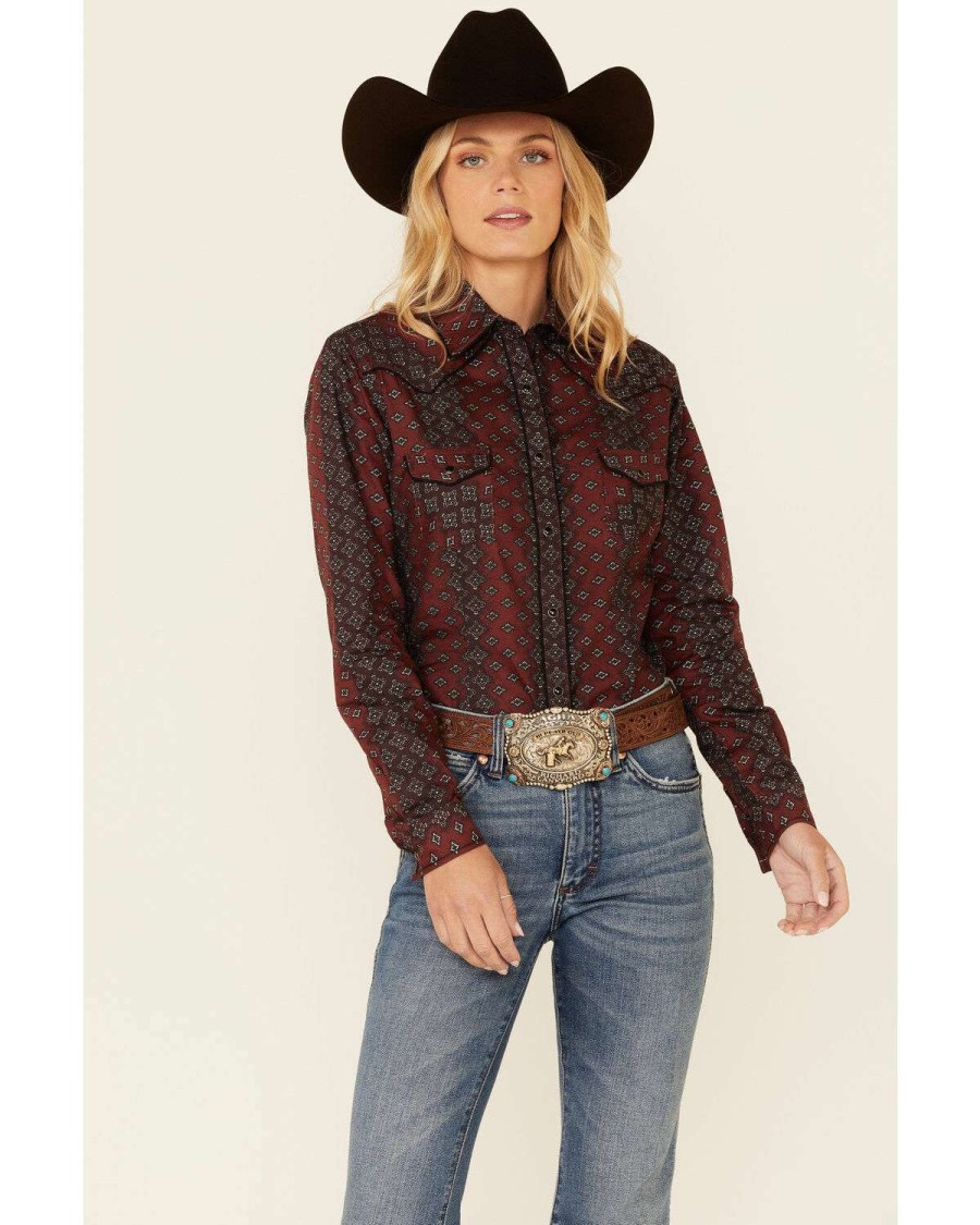 Shirts Rock & Roll Denim | Rock & Roll Denim Women'S Burgundy Diamond Geo Print Long Sleeve Snap Western Shirt Discount