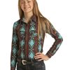 Shirts Rock & Roll Denim | Rock & Roll Denim Girls' Brown Southwestern Print Long Sleeve Snap Western Shirt Sale