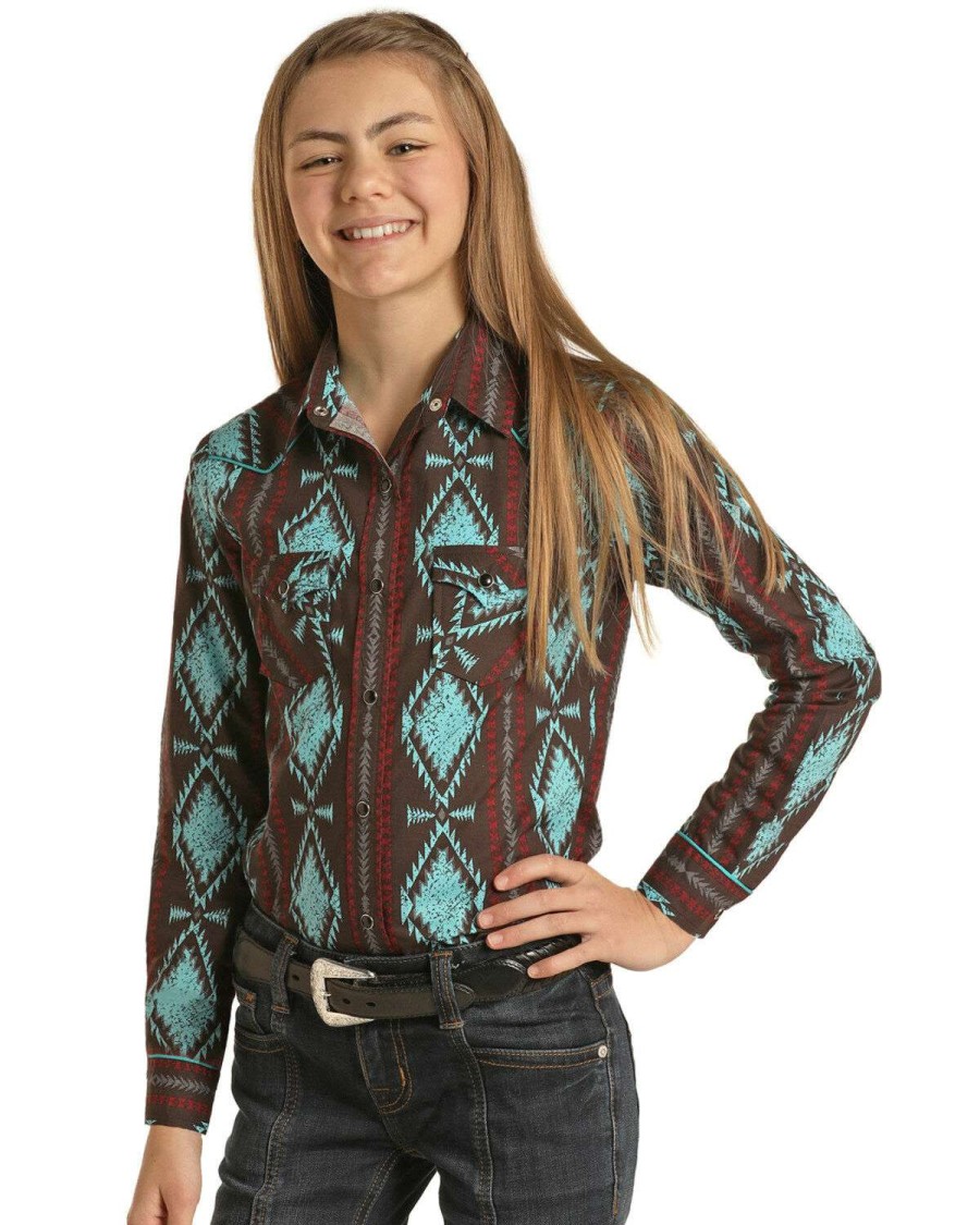 Shirts Rock & Roll Denim | Rock & Roll Denim Girls' Brown Southwestern Print Long Sleeve Snap Western Shirt Sale