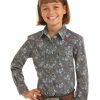 Shirts Rock & Roll Denim | Rock & Roll Denim Girls' Grey Floral Print Long Sleeve Western Shirt Limited Edition