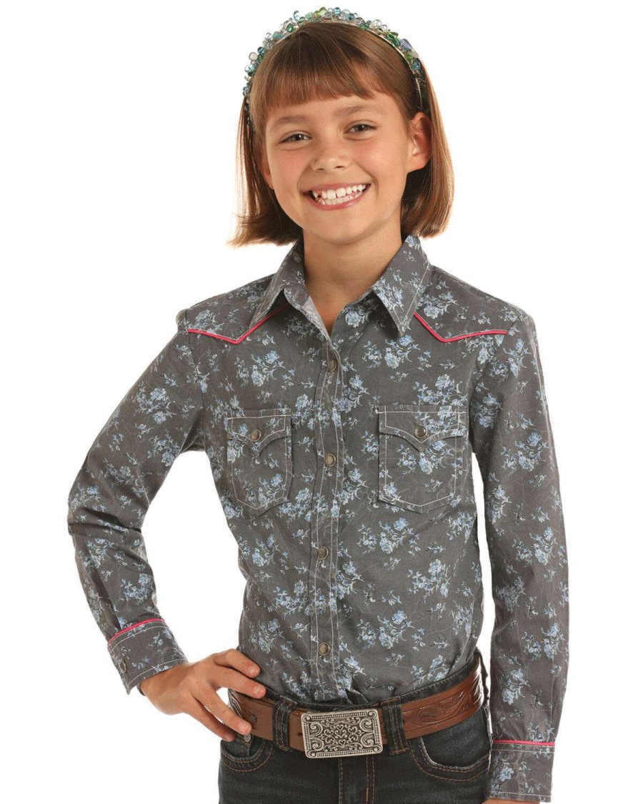 Shirts Rock & Roll Denim | Rock & Roll Denim Girls' Grey Floral Print Long Sleeve Western Shirt Limited Edition