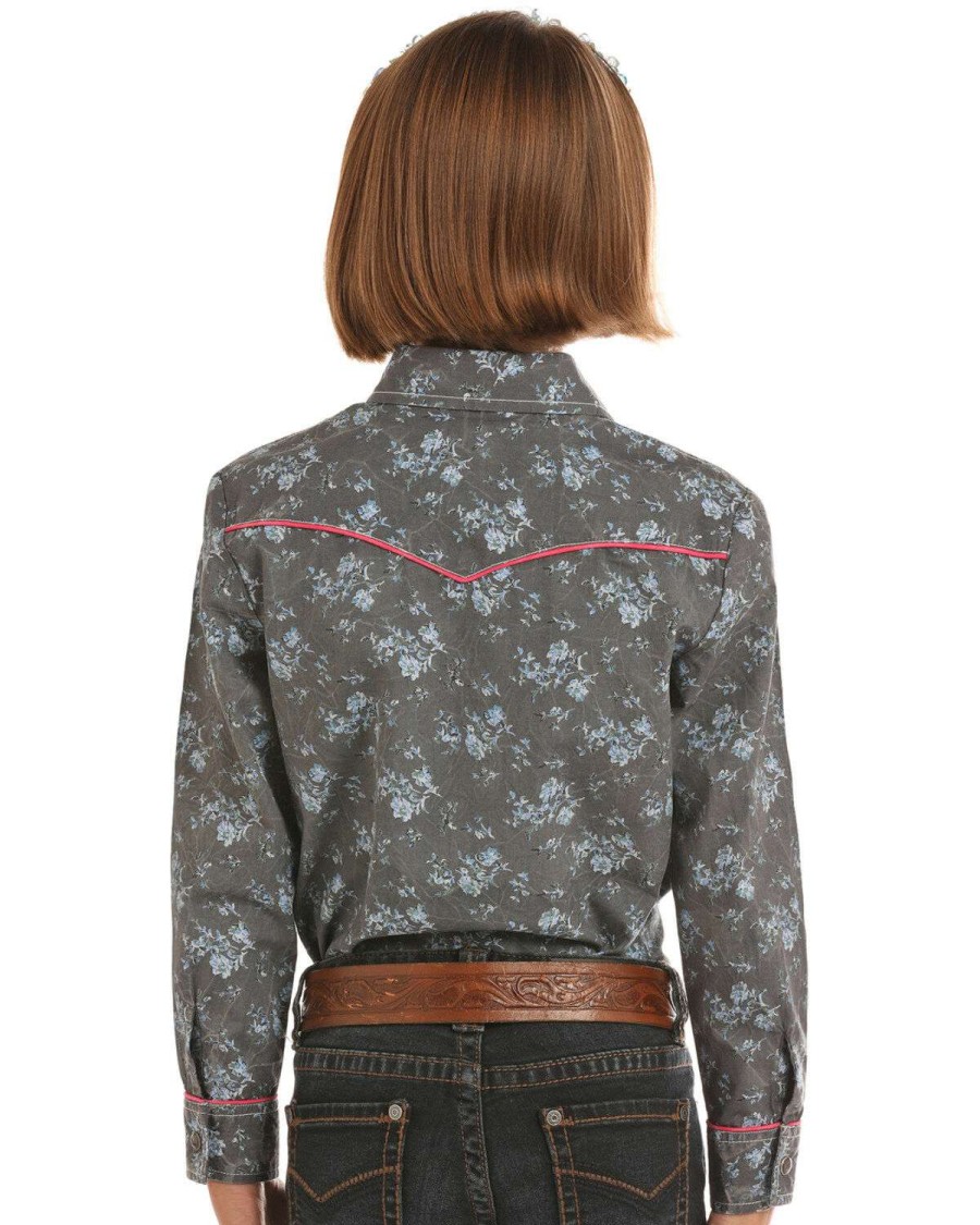 Shirts Rock & Roll Denim | Rock & Roll Denim Girls' Grey Floral Print Long Sleeve Western Shirt Limited Edition